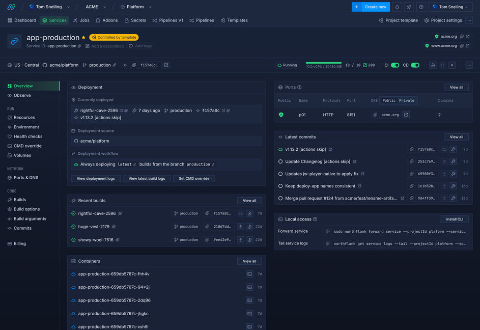 Dashboard view showing deployment metrics, builds, and current status